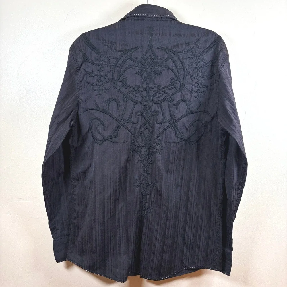 Roar Embroidered Button‎ Up Shirt Men's L Black L/S Western Goth Monochrome